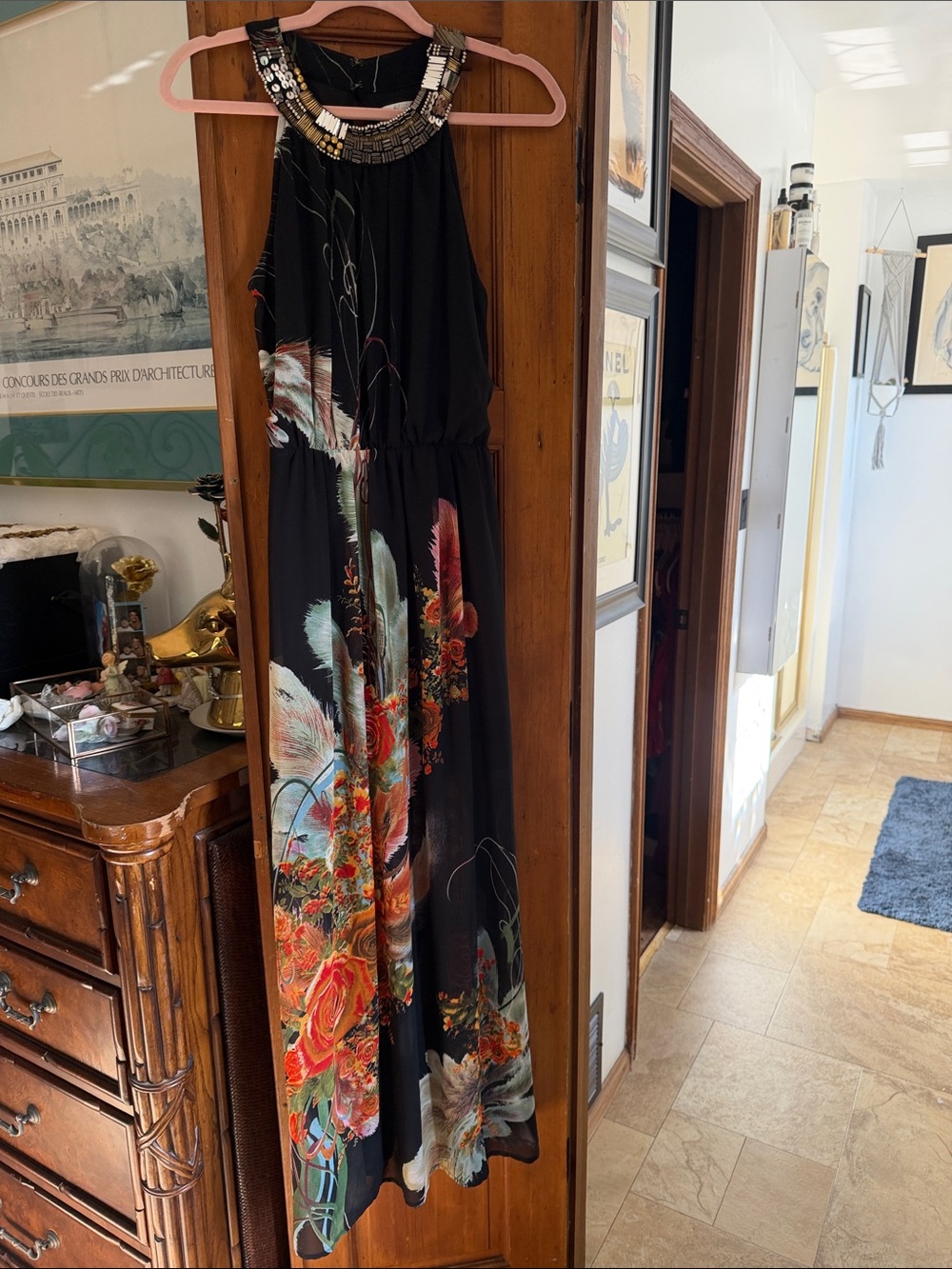 Meghan LA Black Halter Maxi Dress with Floral Print and Beaded Neckline
